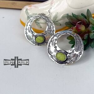 Palo Alto Western Cowgirl Dangle Etched Earrings Silver Green